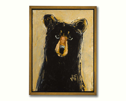 A stylized painting of a black bear against a muted yellow background. The use of flat colors emphasizes the shape of the bear, which is textured using visible brushstrokes to roughen the edges. Printed on canvas in a float frame.