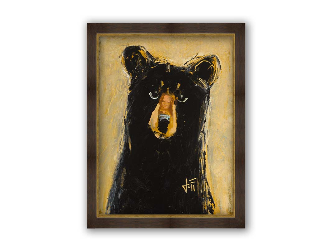 A stylized painting of a black bear against a muted yellow background. The use of flat colors emphasizes the shape of the bear, which is textured using visible brushstrokes to roughen the edges. Printed on canvas and framed.