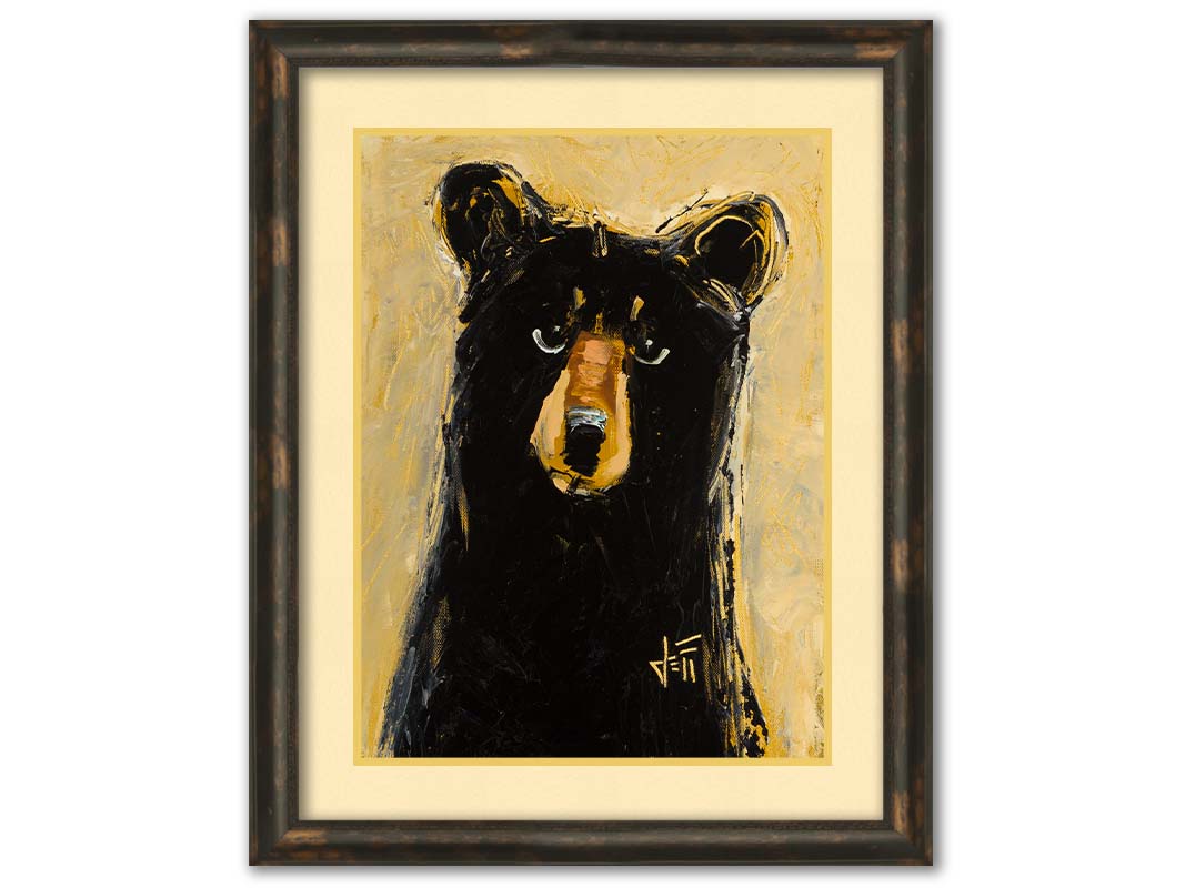 A stylized painting of a black bear against a muted yellow background. The use of flat colors emphasizes the shape of the bear, which is textured using visible brushstrokes to roughen the edges. Printed on paper, matted, and framed.