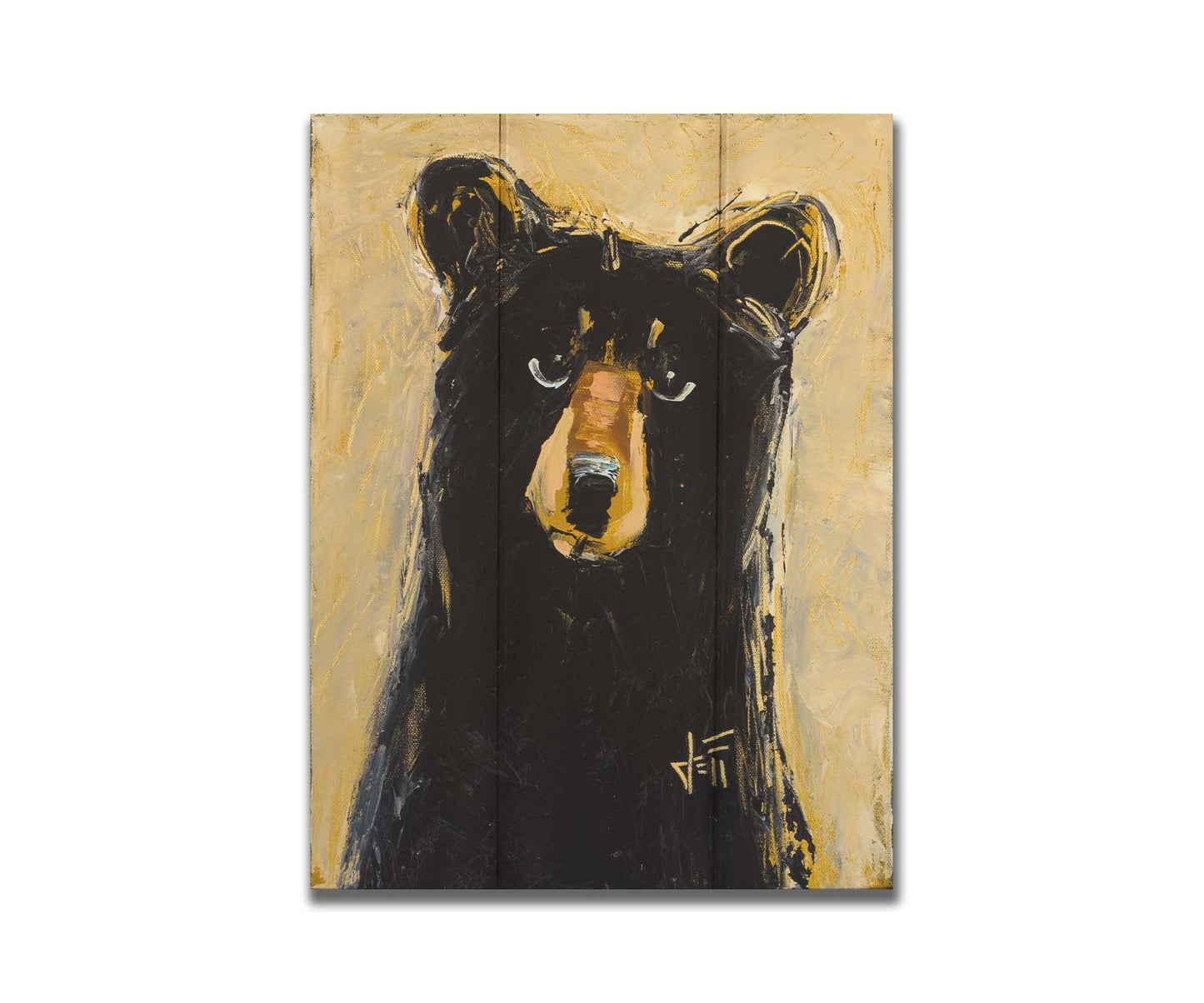 A stylized painting of a black bear against a muted yellow background. The use of flat colors emphasizes the shape of the bear, which is textured using visible brushstrokes to roughen the edges. Printed on a box board.