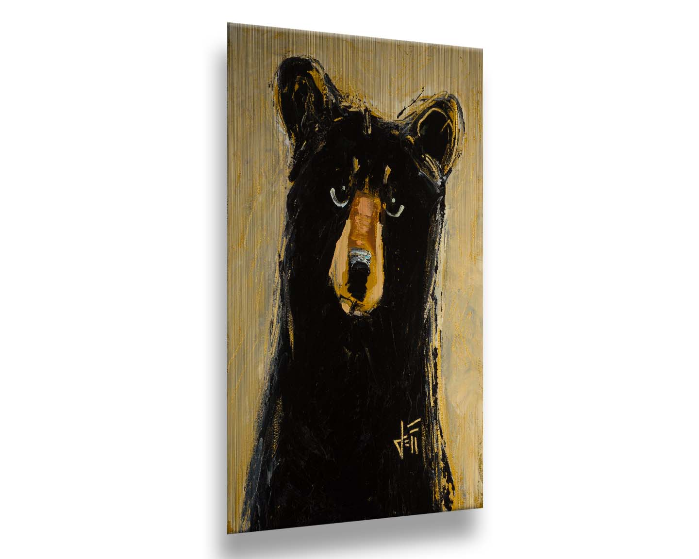 A stylized painting of a black bear against a muted yellow background. The use of flat colors emphasizes the shape of the bear, which is textured using visible brushstrokes to roughen the edges. Printed on metal.