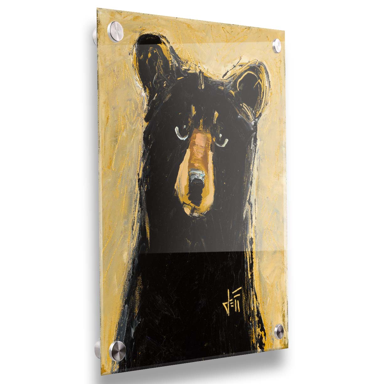 A stylized painting of a black bear against a muted yellow background. The use of flat colors emphasizes the shape of the bear, which is textured using visible brushstrokes to roughen the edges. Printed on acrylic.