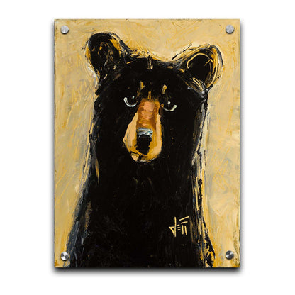 A stylized painting of a black bear against a muted yellow background. The use of flat colors emphasizes the shape of the bear, which is textured using visible brushstrokes to roughen the edges. Printed on acrylic.