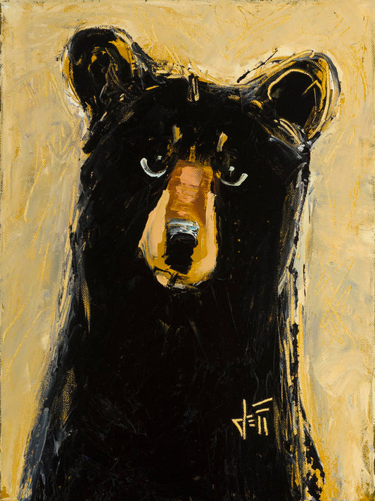 A stylized painting of a black bear against a muted yellow background. The use of flat colors emphasizes the shape of the bear, which is textured using visible brushstrokes to roughen the edges.