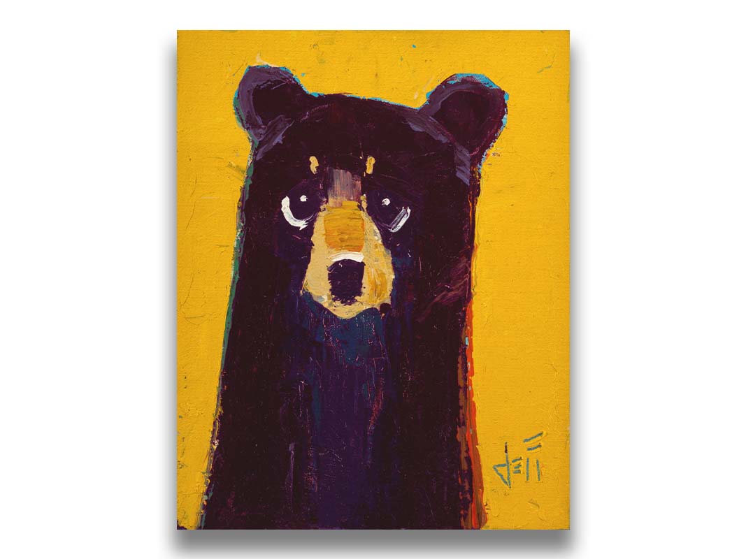 A simplified painting of a black bear against a vibrant yellow background. The bear is accented by blue, purple, and red and formed of controlled, simple shapes. Printed on canvas.