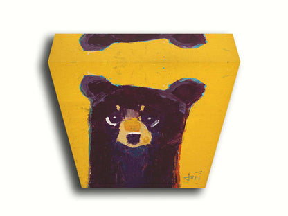 A simplified painting of a black bear against a vibrant yellow background. The bear is accented by blue, purple, and red and formed of controlled, simple shapes. Printed on canvas.