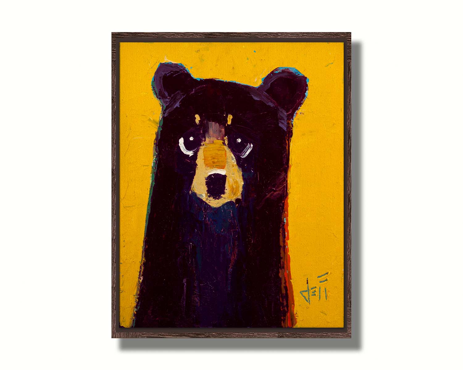 A simplified painting of a black bear against a vibrant yellow background. The bear is accented by blue, purple, and red and formed of controlled, simple shapes. Printed on canvas in a float frame.