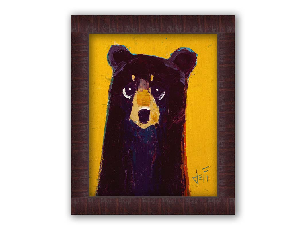 A simplified painting of a black bear against a vibrant yellow background. The bear is accented by blue, purple, and red and formed of controlled, simple shapes. Printed on canvas and framed.