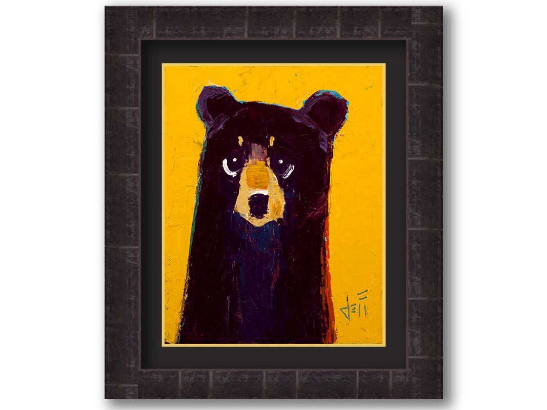 A simplified painting of a black bear against a vibrant yellow background. The bear is accented by blue, purple, and red and formed of controlled, simple shapes. Printed on paper, matted, and framed.