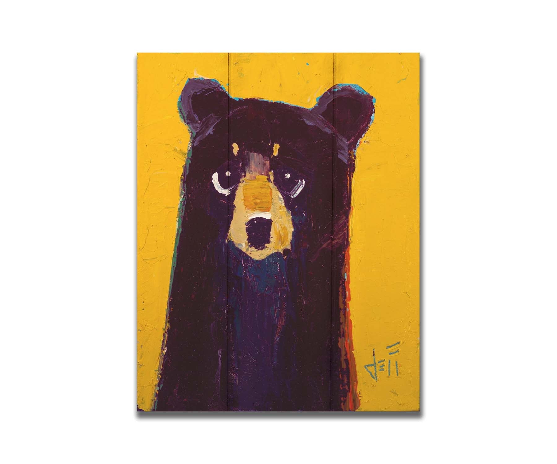 A simplified painting of a black bear against a vibrant yellow background. The bear is accented by blue, purple, and red and formed of controlled, simple shapes. Printed on a box board.