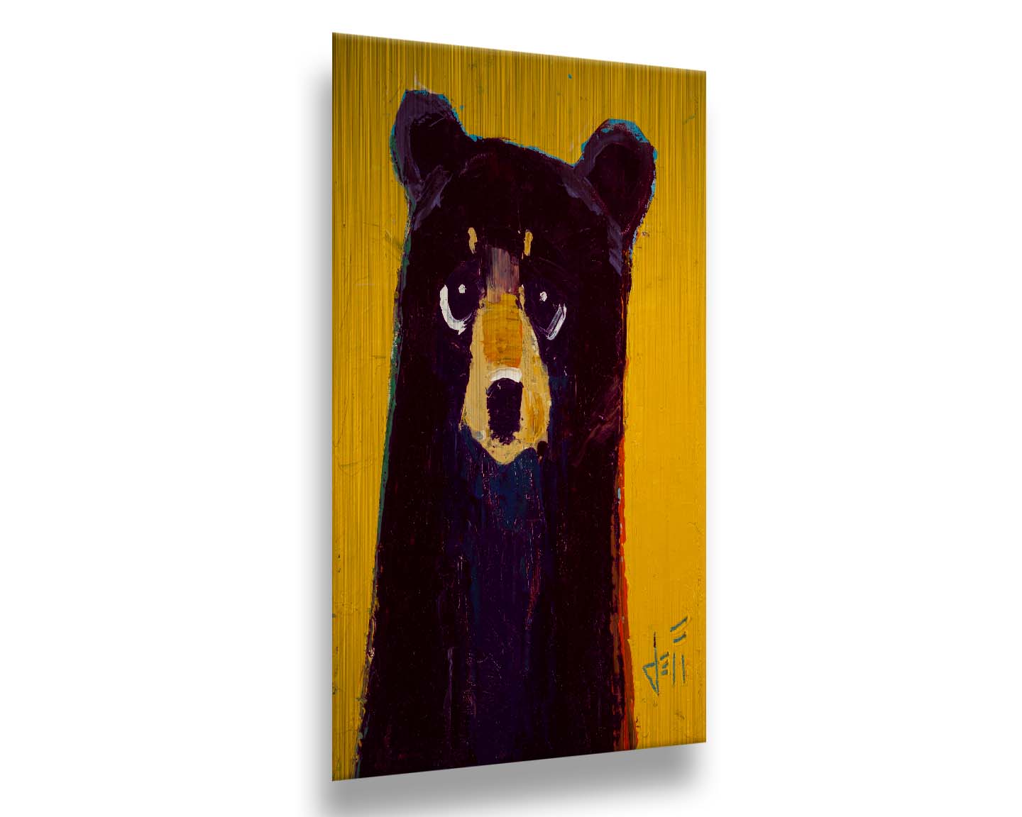 A simplified painting of a black bear against a vibrant yellow background. The bear is accented by blue, purple, and red and formed of controlled, simple shapes. Printed on metal.