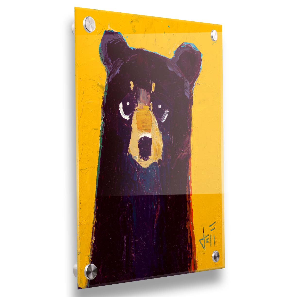 A simplified painting of a black bear against a vibrant yellow background. The bear is accented by blue, purple, and red and formed of controlled, simple shapes. Printed on acrylic.