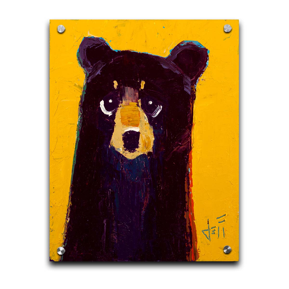 A simplified painting of a black bear against a vibrant yellow background. The bear is accented by blue, purple, and red and formed of controlled, simple shapes. Printed on acrylic.