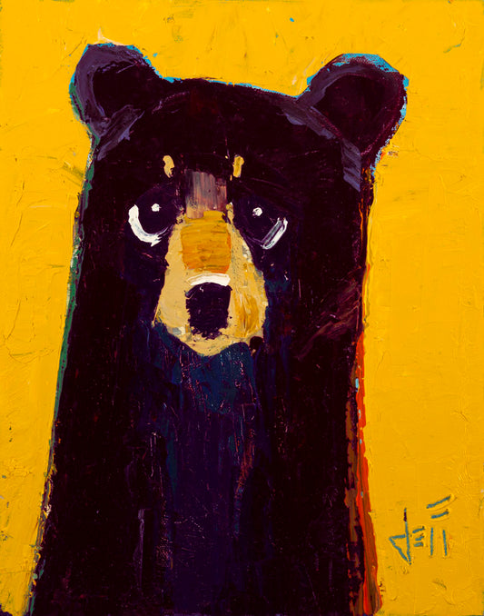 A simplified painting of a black bear against a vibrant yellow background. The bear is accented by blue, purple, and red and formed of controlled, simple shapes.