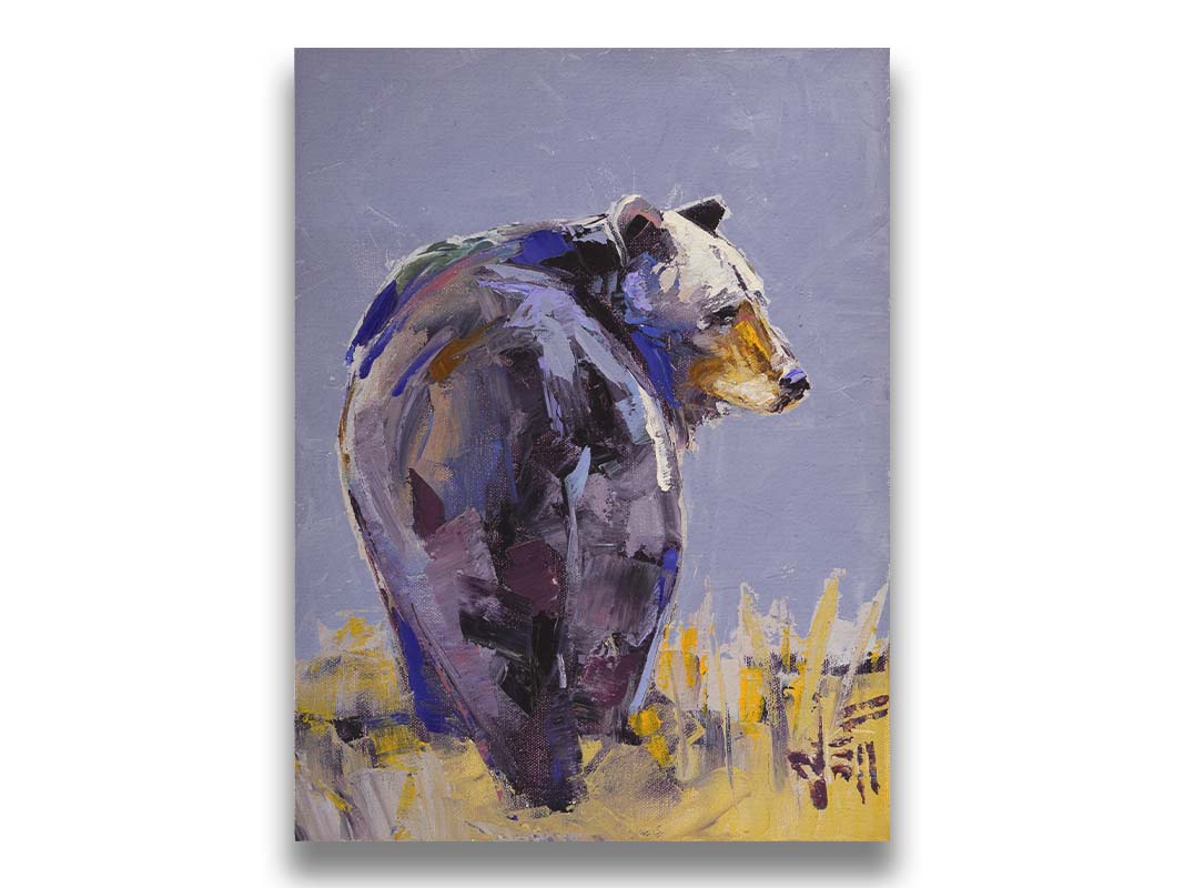 A painting of a black bear, painted in a gentle purple palette, standing in a grassy yellow field. Printed on canvas.