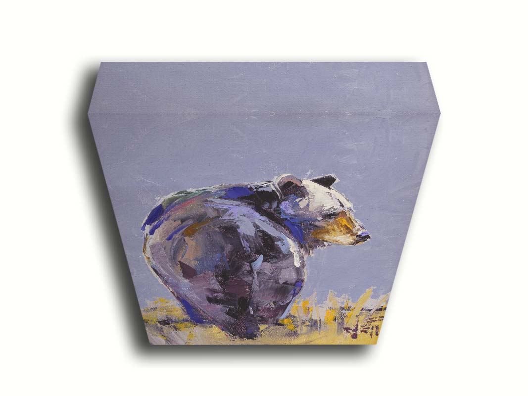 A painting of a black bear, painted in a gentle purple palette, standing in a grassy yellow field. Printed on canvas.