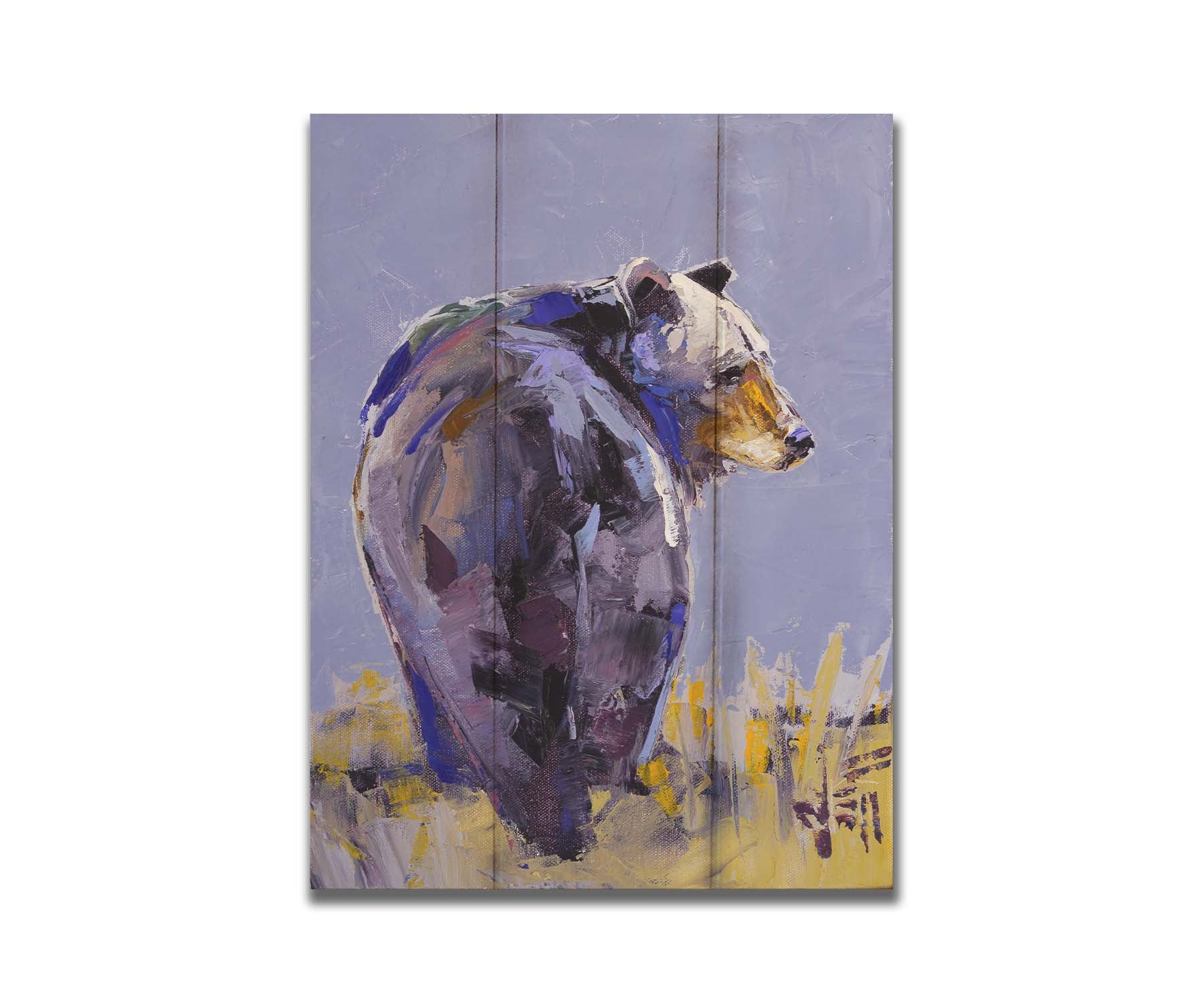 A painting of a black bear, painted in a gentle purple palette, standing in a grassy yellow field. Printed on a box board.