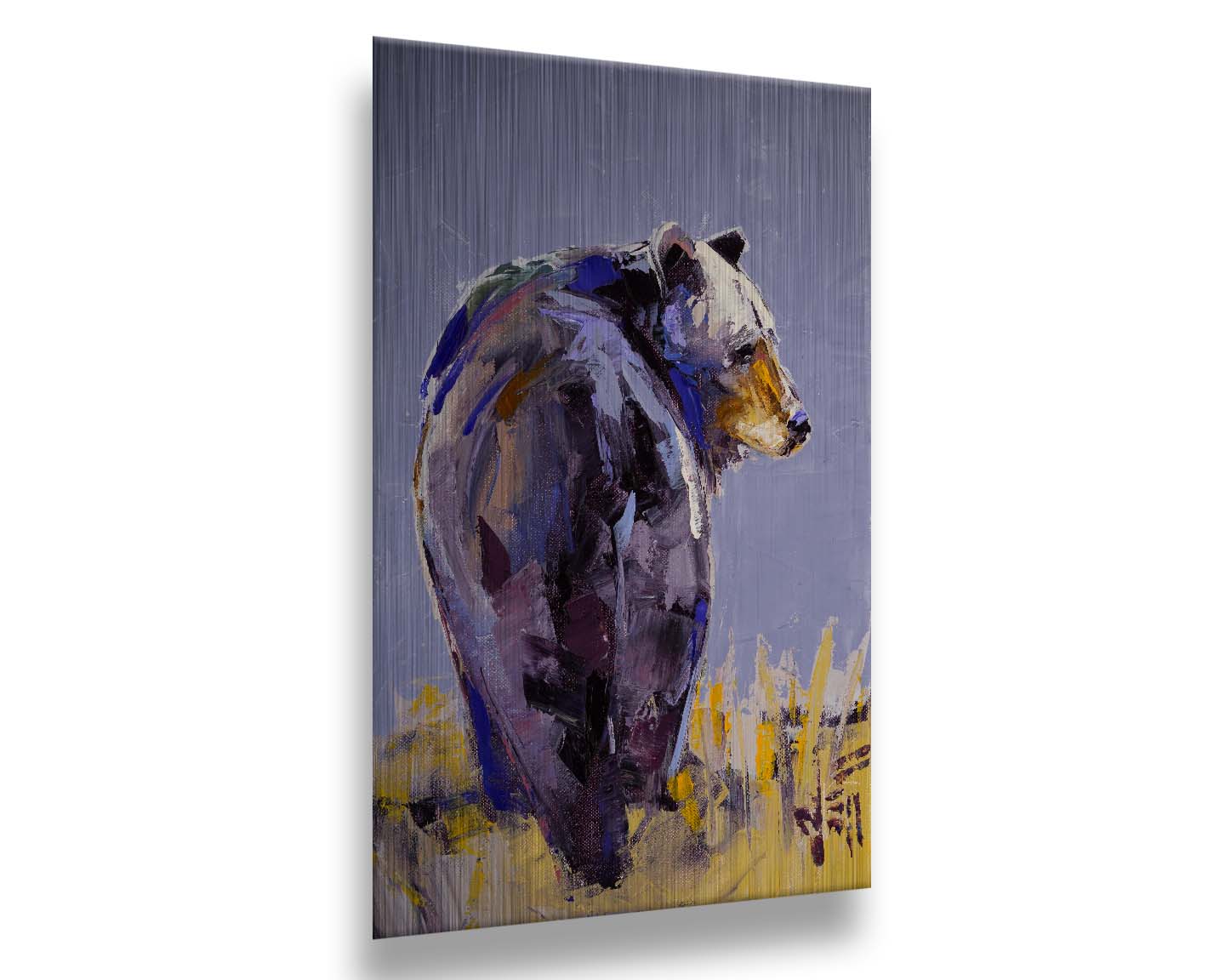 A painting of a black bear, painted in a gentle purple palette, standing in a grassy yellow field. Printed on metal.