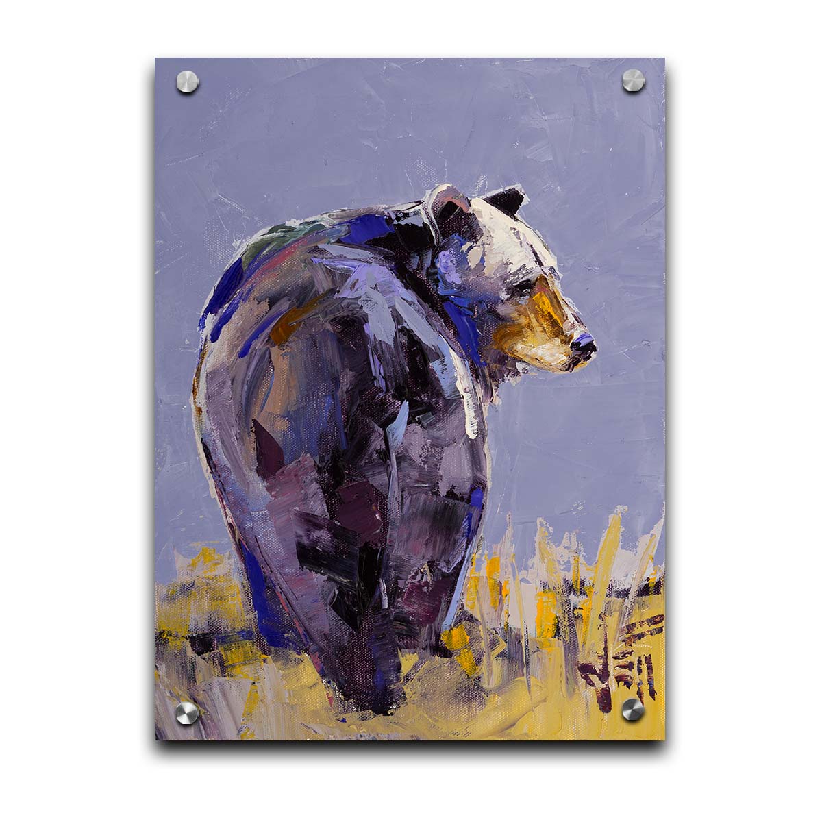 A painting of a black bear, painted in a gentle purple palette, standing in a grassy yellow field. Printed on acrylic.