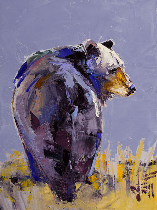 A painting of a black bear, painted in a gentle purple palette, standing in a grassy yellow field.