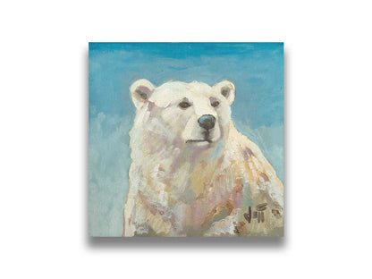 A painting of a polar bear against a blue background. Printed on canvas.