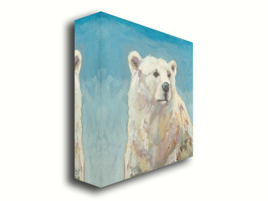 A painting of a polar bear against a blue background. Printed on canvas.