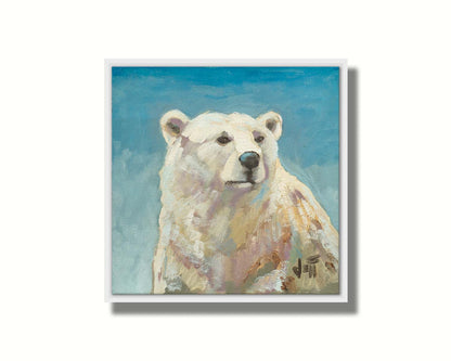 A painting of a polar bear against a blue background. Printed on canvas in a float frame.