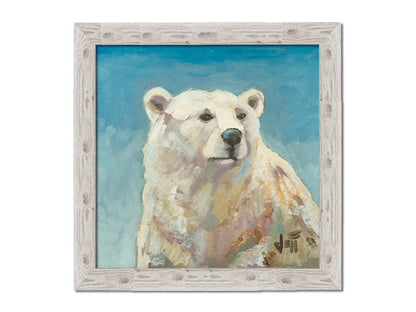 A painting of a polar bear against a blue background. Printed on canvas and framed.