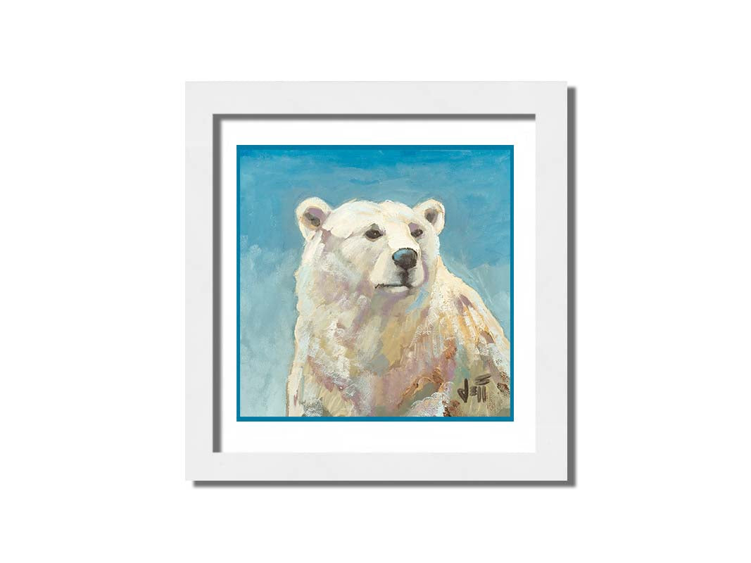 A painting of a polar bear against a blue background. Printed on paper, matted, and framed.