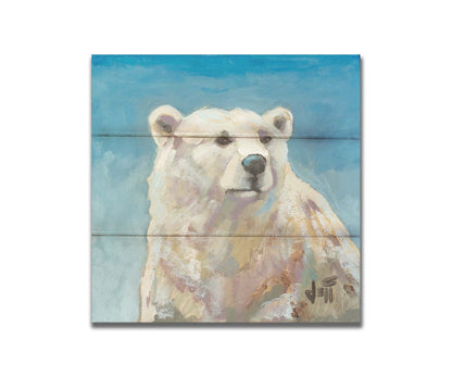 A painting of a polar bear against a blue background. Printed on a box board.