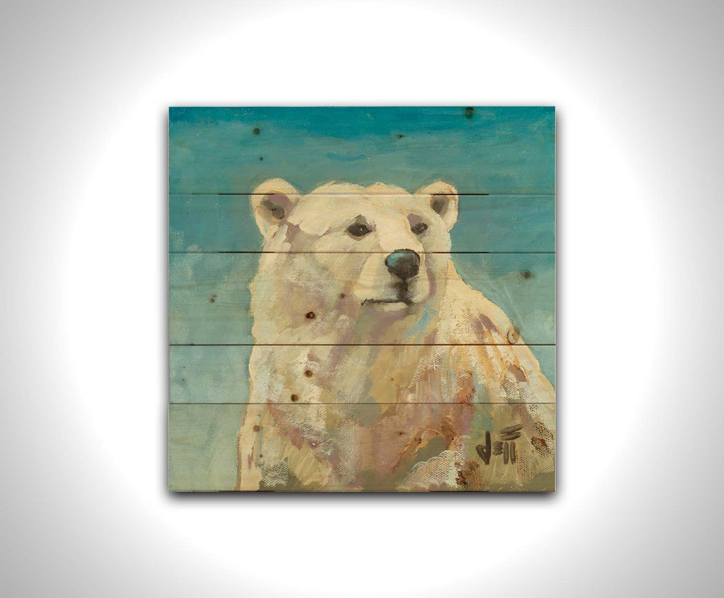 A painting of a polar bear against a blue background. Printed on a wood pallet.