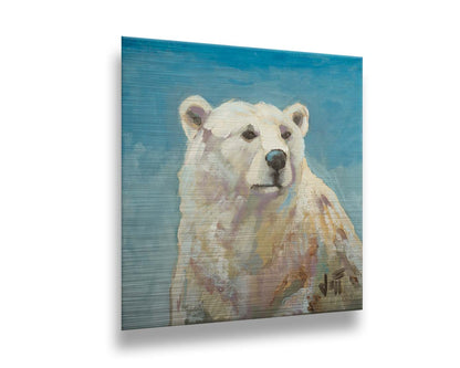 A painting of a polar bear against a blue background. Printed on metal.