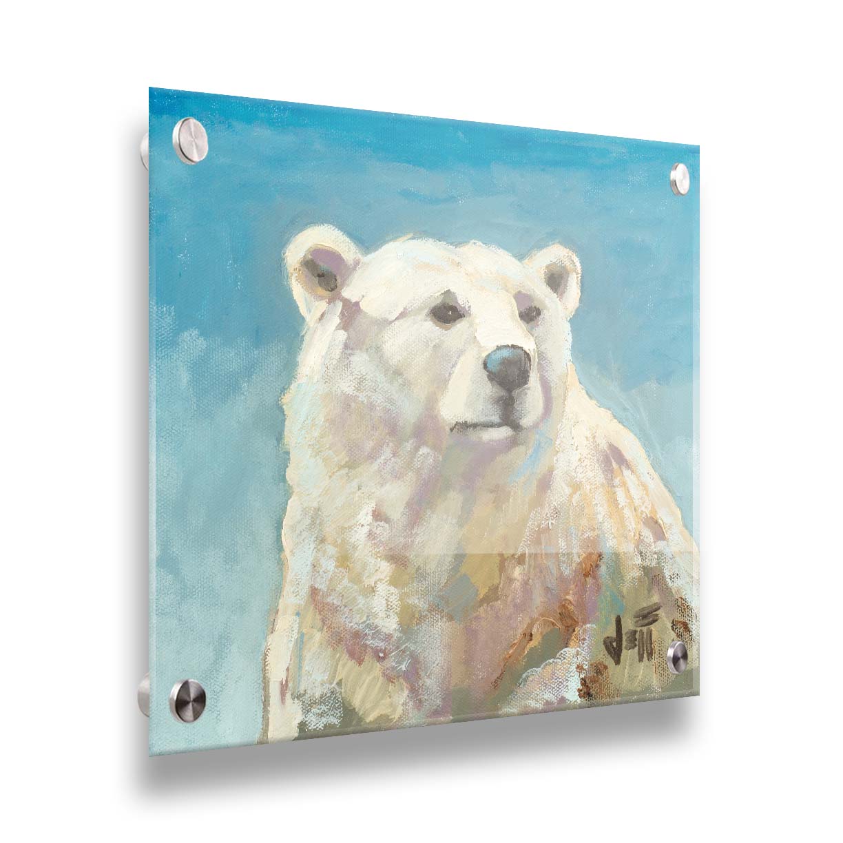 A painting of a polar bear against a blue background. Printed on acrylic.