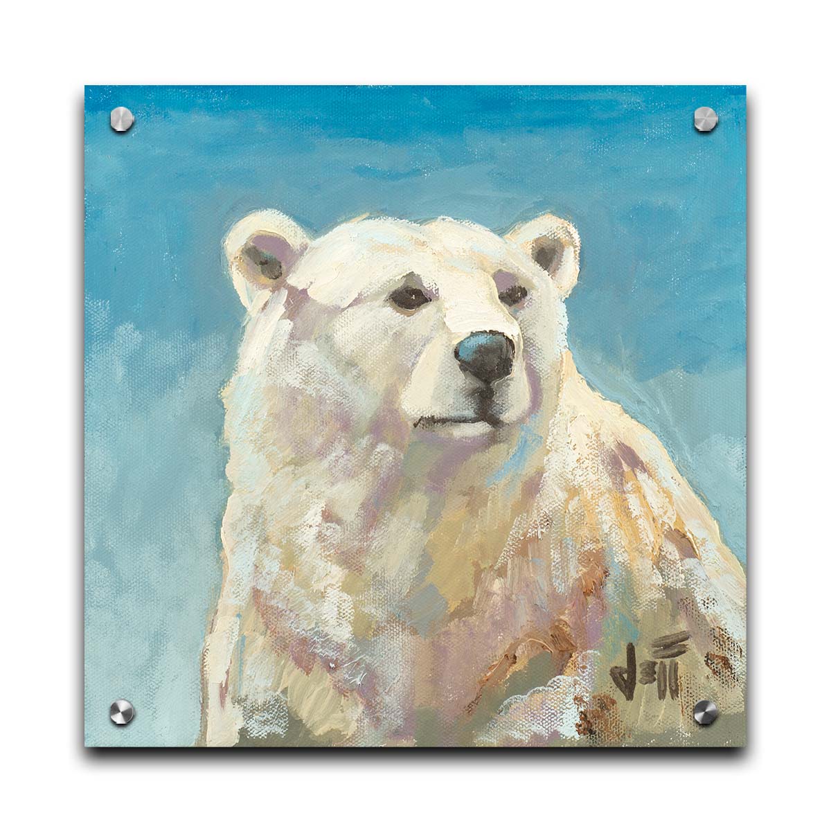 A painting of a polar bear against a blue background. Printed on acrylic.