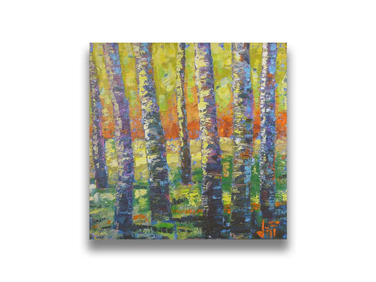 A painting of a birch forest in a spectrum whimsical colors. Broken color and visible brushstrokes create texture and movement. Printed on canvas.