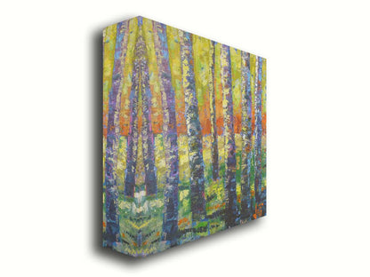 A painting of a birch forest in a spectrum whimsical colors. Broken color and visible brushstrokes create texture and movement. Printed on canvas.