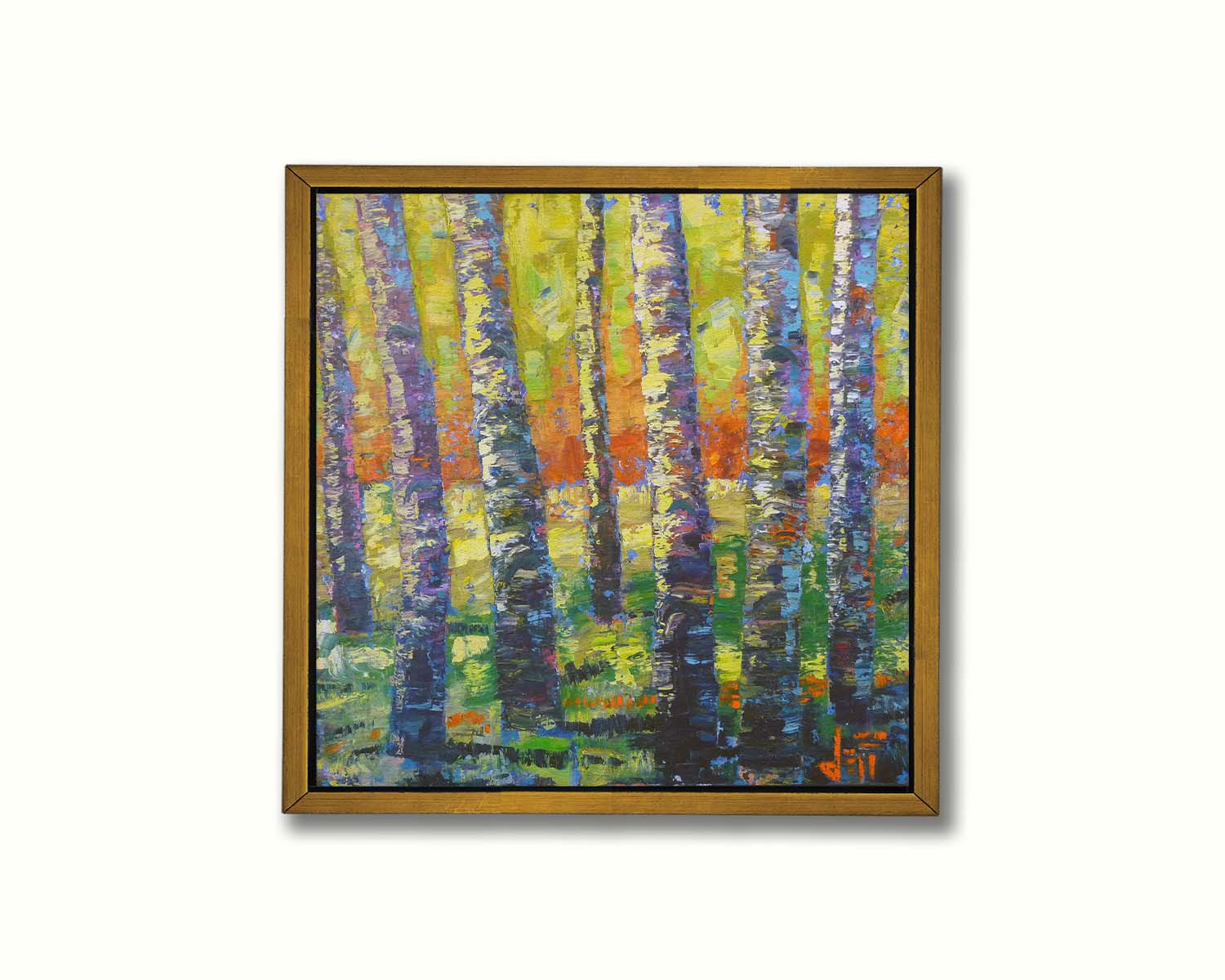 A painting of a birch forest in a spectrum whimsical colors. Broken color and visible brushstrokes create texture and movement. Printed on canvas in a float frame.