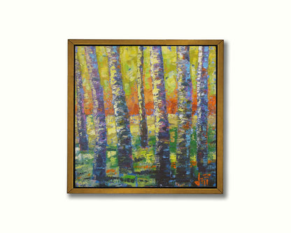 A painting of a birch forest in a spectrum whimsical colors. Broken color and visible brushstrokes create texture and movement. Printed on canvas in a float frame.