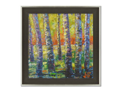 A painting of a birch forest in a spectrum whimsical colors. Broken color and visible brushstrokes create texture and movement. Printed on canvas and framed.