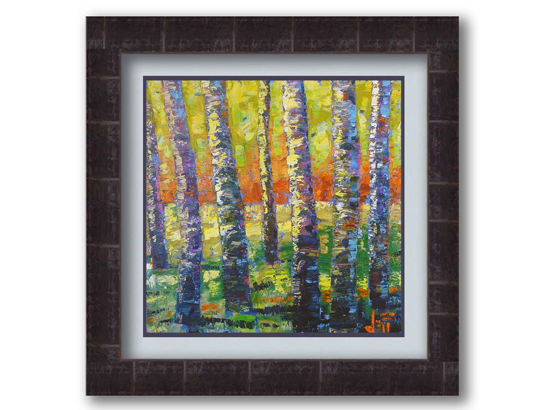 A painting of a birch forest in a spectrum whimsical colors. Broken color and visible brushstrokes create texture and movement. Printed on paper, matted, and framed.