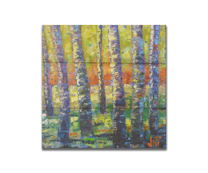 A painting of a birch forest in a spectrum whimsical colors. Broken color and visible brushstrokes create texture and movement. Printed on a box board.