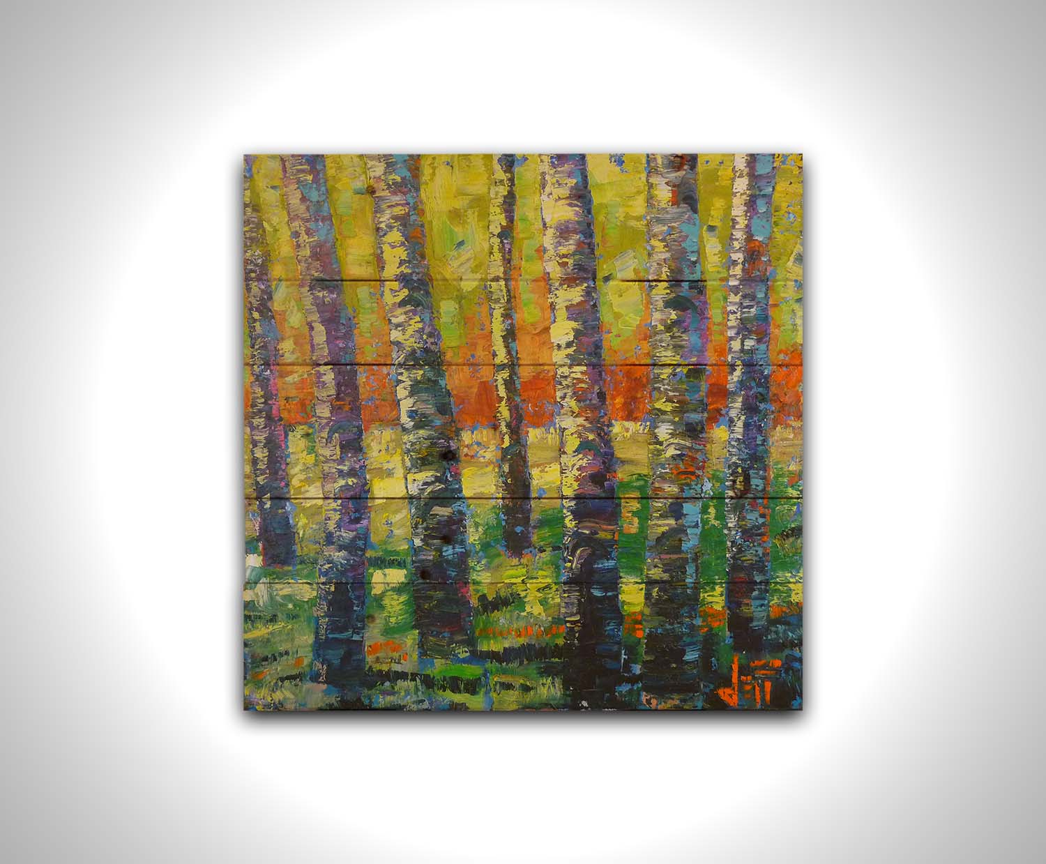 A painting of a birch forest in a spectrum whimsical colors. Broken color and visible brushstrokes create texture and movement. Printed on a wood pallet.