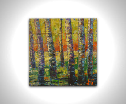 A painting of a birch forest in a spectrum whimsical colors. Broken color and visible brushstrokes create texture and movement. Printed on a wood pallet.