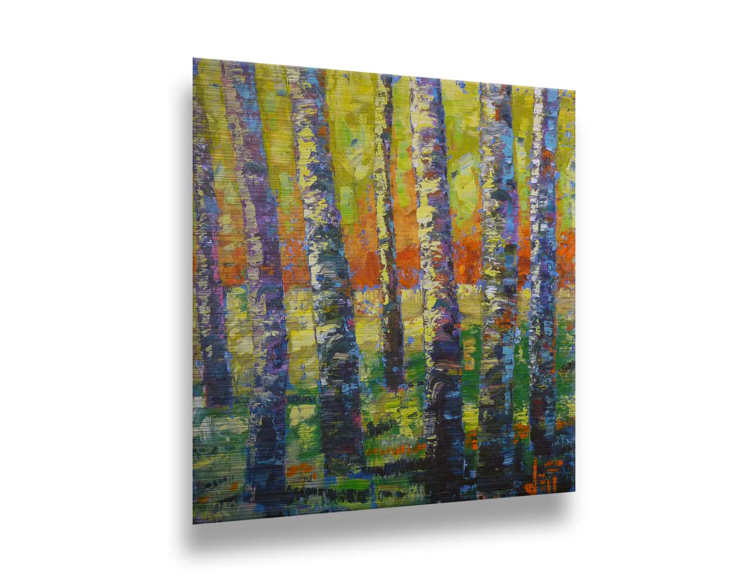 A painting of a birch forest in a spectrum whimsical colors. Broken color and visible brushstrokes create texture and movement. Printed on metal.