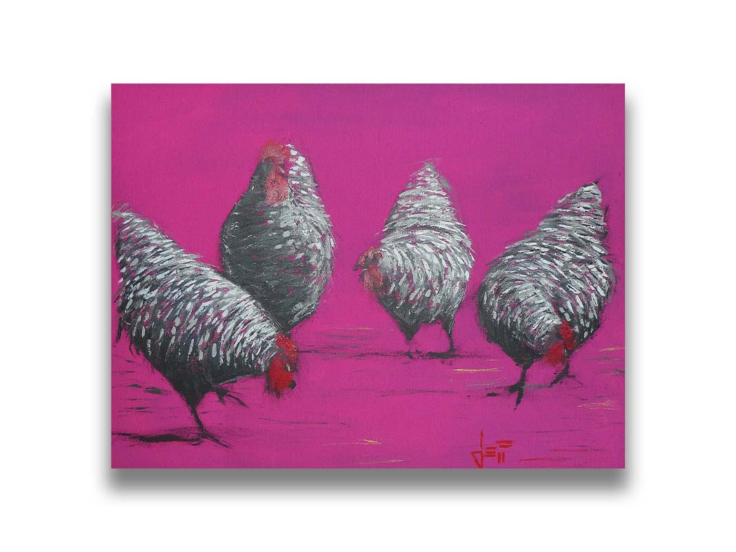 A painting of four gray, barred chickens, created with broken color speckles of black, gray, and white on a bright pink background. Printed on canvas.