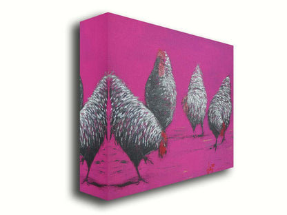 A painting of four gray, barred chickens, created with broken color speckles of black, gray, and white on a bright pink background. Printed on canvas.