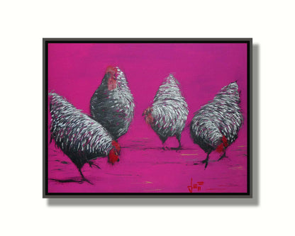 A painting of four gray, barred chickens, created with broken color speckles of black, gray, and white on a bright pink background. Printed on canvas in a float frame.