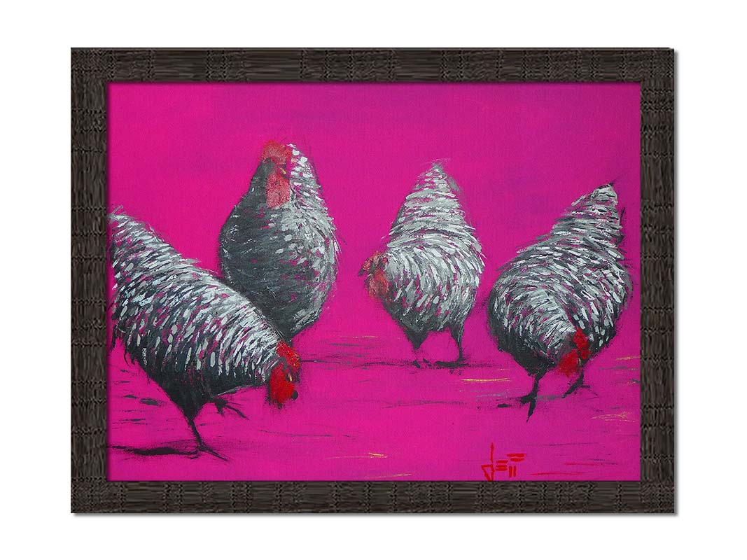 A painting of four gray, barred chickens, created with broken color speckles of black, gray, and white on a bright pink background. Printed on canvas and framed.