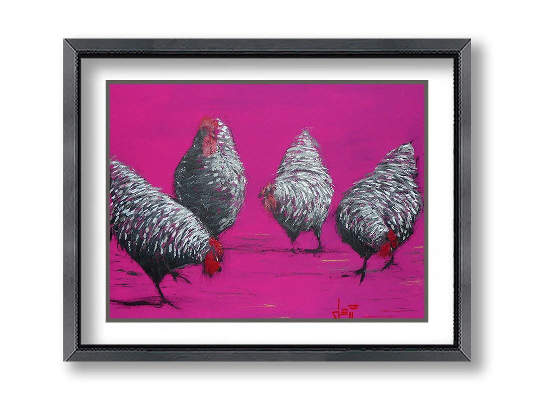 A painting of four gray, barred chickens, created with broken color speckles of black, gray, and white on a bright pink background. Printed on paper, matted, and framed.