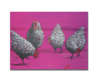 A painting of four gray, barred chickens, created with broken color speckles of black, gray, and white on a bright pink background. Printed on a box board.